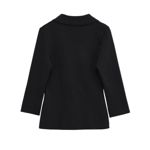 Back view of a black knitted blazer featuring a lapel collar and vertical ribbed texture