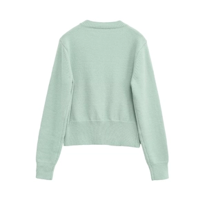 Mint green knit cardigan with ribbed crew neck and cuffs shown from the back view