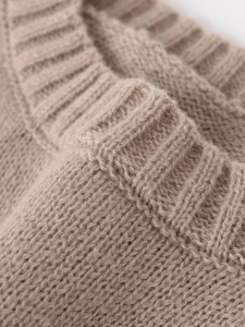 Close-up of oatmeal ribbed knit texture showing premium thick wool fabric details