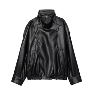 Veste de moto pour femme en similicuir avec col montant et fermeture éclair asymétrique