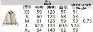 Size chart for women faux shearling jacket showing XS to XL measurements in centimeters
