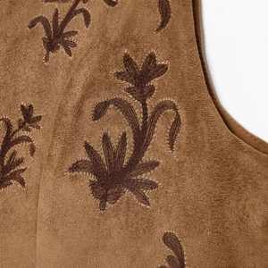 Brown faux suede vest with high-quality floral embroidery and soft textured finish