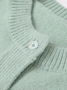 Detail of mint green knit cardigan featuring fuzzy texture and white button closure