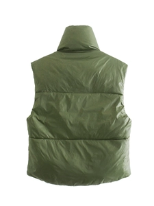 Back view of an olive green quilted puffer vest with high collar and horizontal padding