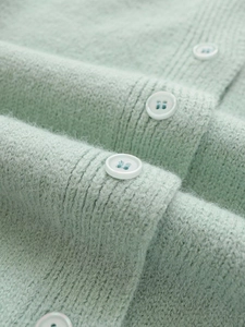Close-up of mint green mohair knit cardigan with white buttons and ribbed texture