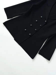 Close-up of black double-breasted knitted blazer showing textured fabric and buttons