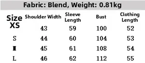 Size guide for animal print faux fur jacket with measurements for XS to L sizes
