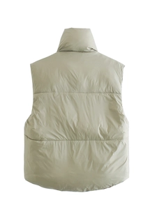 Back view of a khaki quilted puffer vest with a stand collar and horizontal stitching