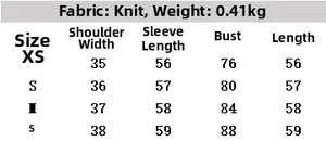 Size guide for knit jacket with faux fur trim including measurements for sizes XS to L