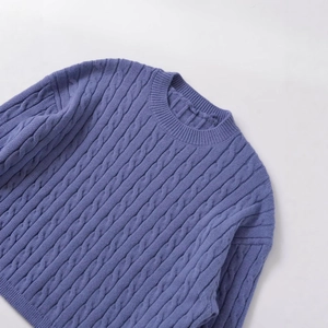 Lilac purple cable knit sweater with long sleeves and ribbed crew neck in flat lay view
