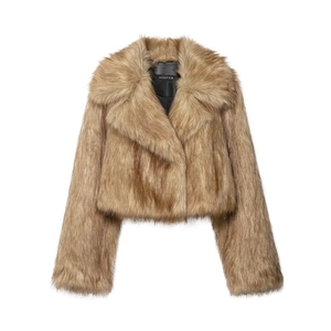 Manteau Court en Fausse Fourrure pour Femmes Col à Revers Manches Longues Doux Chaud Veste Camel Couleur Unie Streetwear Élégant