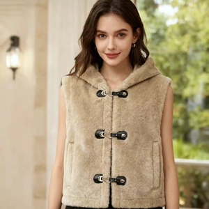 Gilet da Donna in Ecopelliccia Con Cappuccio Cachi Beige Senza Maniche Con Fibbia in Pelle Casual Caldo Capospalla per Autunno Inverno