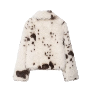 Short faux fur dalmatian print coat with lapel collar shown from the back view