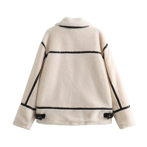 Women's faux shearling jacket in beige with black faux leather trim and back buckle details