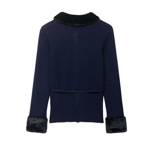 Navy blue knit cardigan featuring elegant black faux fur trim on collar and cuffs