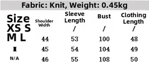 Size chart detail for diamond shoulder knit sweater in S M L XL with fabric weight details
