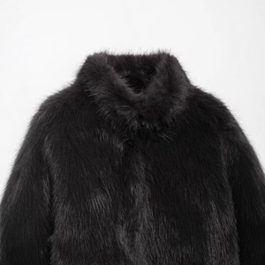 Luxurious black faux fur coat with high collar design for elegant winter warmth