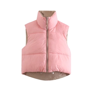 Women Stand Collar Puffer Vest Quilted Sleeveless Jacket Color Block Polyester Padded Waistcoat With Drawstring Hem Outwear
