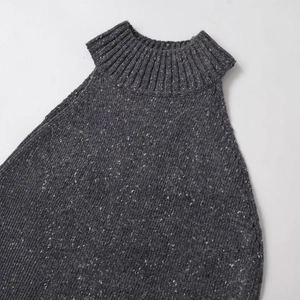 Chic dark grey halter neck knit top with ribbed high collar and melange texture