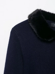 Detail of dark blue knit jacket featuring a soft black faux fur collar and fine texture