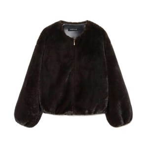 Damen Kunstpelz Bomberjacke Kaffeebraun Rundhals Reißverschluss Kurz Plüschmantel Casual Einfarbig Streetwear Warm Außenbekleidung