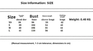 Guide des tailles détaillé du blazer court à boutons dorés avec mesures d'épaules et buste