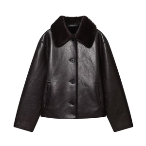 Vintage Women Faux Leather Jacket With Faux Fur Collar Brown Reversible Long Sleeve Button Down Warm Coat Outerwear