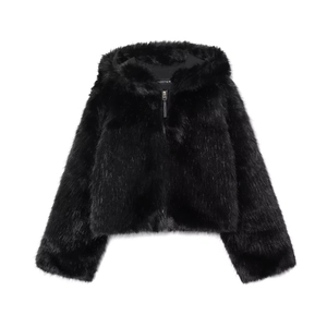 Women Fashion Hooded Faux Fur Jacket Solid Color Zipper Thick Long Sleeve Short Coat Outerwear Warm Casual Commute Style