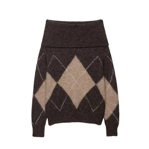 Deep brown off-shoulder knit sweater featuring large light tan argyle diamond patterns