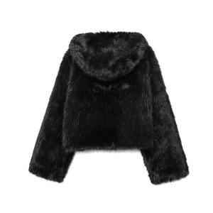 Women's trendy black faux fur hooded jacket with long sleeves and a stylish short-cut fit
