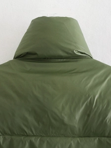 Detailed back view of a dark army green puffer vest featuring a stand collar and quilting