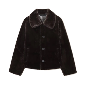 Deep brown faux fur reversible jacket featuring a plush lapel collar and button closure