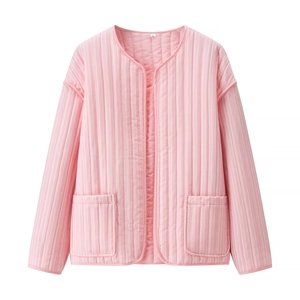 Pink striped quilted jacket with large pockets and collarless design for women