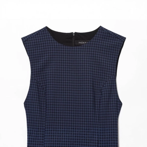 Navy plaid sleeveless mini dress with round neck and hidden back zipper detail