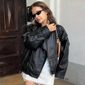 Veste de Moto en Similicuir pour Femme Revers Fermeture Éclair Asymétrique Manches Longues Manteau en PU Avec Épaulettes Noir