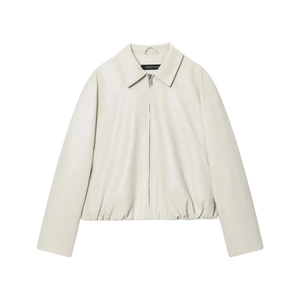 Minimalist light grey faux leather bomber jacket with silver zipper and elastic hem