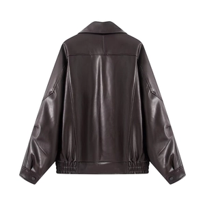 Oversized chocolate brown faux leather jacket for women with elastic hem and back view detail