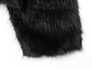 Detailed macro view showing the soft texture of black faux fur on the jacket sleeve