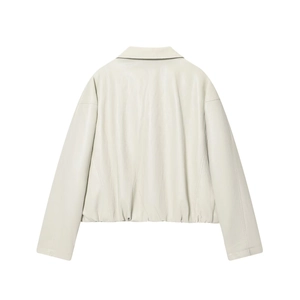 Back view of cream faux leather bomber jacket with elasticated waist and classic collar