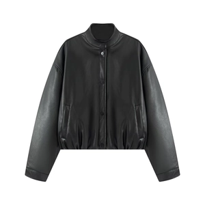 Women Faux Leather Bomber Jacket Loose Stand Collar Padded PU Leather Motorcycle Jacket Solid Black Streetwear Coat