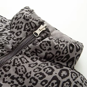 Close-up of gray leopard print quilted vest featuring a premium metal zipper and stand collar