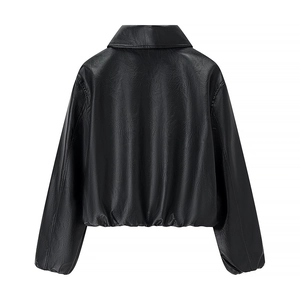 Back view of short black faux leather jacket with classic lapel and elastic cuffs