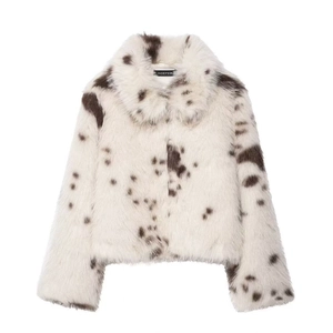 Elegant Spotted Animal Print Faux Fur Coat Women Lapel Long Sleeve Warm Short Jacket Winter Streetwear Outerwear