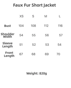 Detailed size guide table for women's double-sided faux fur short jacket in XS to L