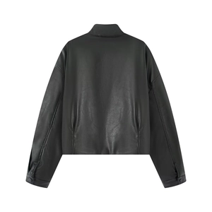 Women's black faux leather bomber jacket featuring a high collar and drop shoulders