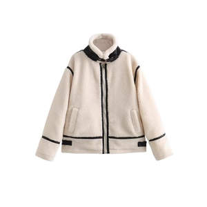 Women's cream faux shearling jacket with black leather trim and stand-up collar