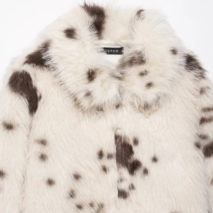 Women's faux fur coat with dark brown animal print pattern and wide notched lapels