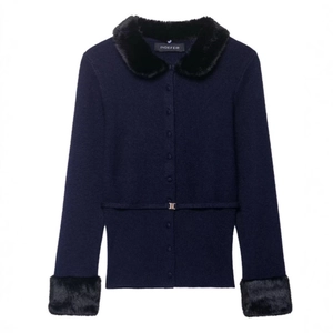 Women Deep Blue Knit Cardigan With Faux Fur Collar And Cuffs Elegant Button Front Long Sleeve Slim Fit Sweater Outerwear