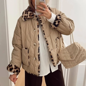 Women Casual Quilted Padded Jacket With Leopard Print Faux Fur Collar Contrast Single Breasted Warm Long Sleeve Outerwear