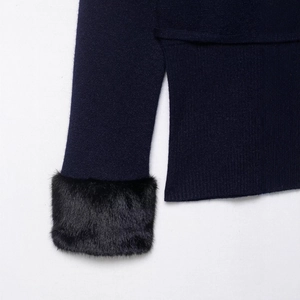 Navy knit cardigan with plush black faux fur cuffs and side slit details in high quality